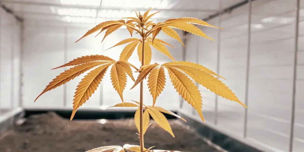Hyper-realistic image of a cannabis plant with golden-yellow leaves growing indoors under white lights.