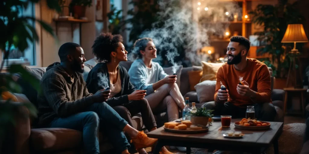 Group enjoying a dry herb vaporizer session indoors.