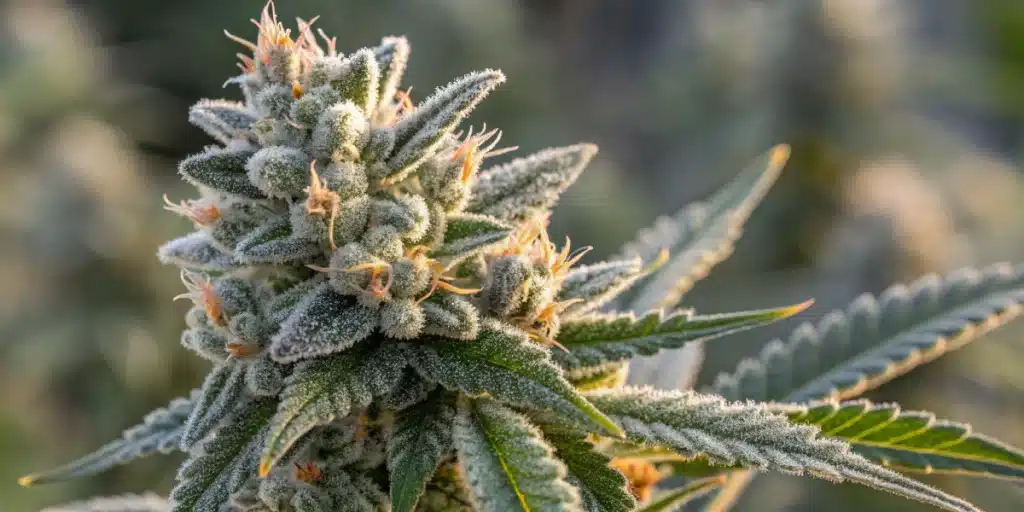 Close-up of a frosty Alien Rock Candy cannabis bud outdoors, covered in trichomes with orange pistils under soft lighting