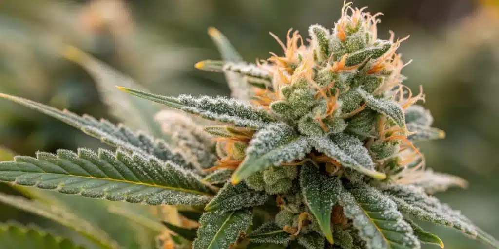 Close-up of a frost-coated Amnesia Haze cannabis bud with orange pistils, glowing softly in natural light