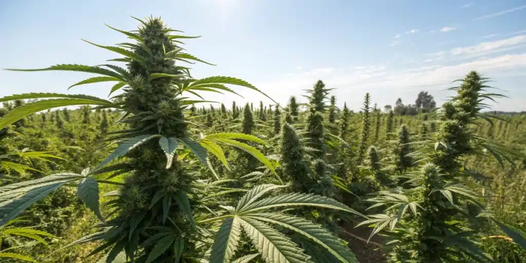 Large Amnesia Lemon Fast Version cannabis plants growing outdoors under bright sunlight, with densely packed colas