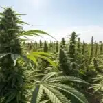 Large Amnesia Lemon Fast Version cannabis plants growing outdoors under bright sunlight, with densely packed colas