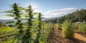 Tall Auto Yumbolt Banana plants growing outdoors, bathed in sunlight with mountainous scenery in the background