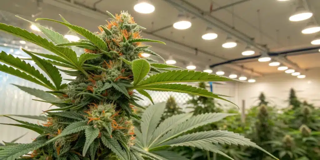 Vibrant green BC Diesel Weed Strain flower with prominent orange pistils and sugar-coated buds, framed by healthy fan leaves in a well-lit cultivation area.