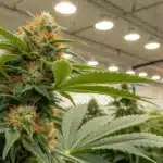 Vibrant green BC Diesel Weed Strain flower with prominent orange pistils and sugar-coated buds, framed by healthy fan leaves in a well-lit cultivation area.