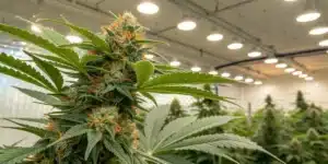 Vibrant green BC Diesel Weed Strain flower with prominent orange pistils and sugar-coated buds, framed by healthy fan leaves in a well-lit cultivation area.