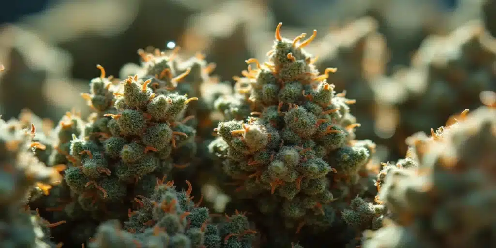 Multiple frosty Dosi Cake cannabis buds with vibrant orange pistils and a resinous appearance, captured under natural light