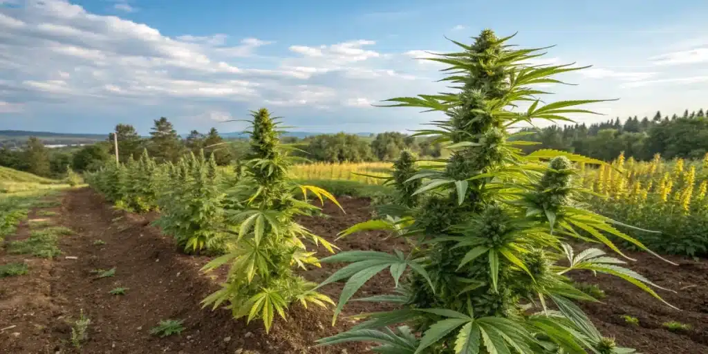Tall Lemon Haze Autoflower CBD plants with thick buds and healthy foliage stand in rows, under a clear blue sky, overlooking a distant treeline.
