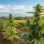 Tall Lemon Haze Autoflower CBD plants with thick buds and healthy foliage stand in rows, under a clear blue sky, overlooking a distant treeline.