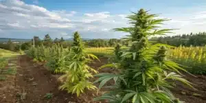 Tall Lemon Haze Autoflower CBD plants with thick buds and healthy foliage stand in rows, under a clear blue sky, overlooking a distant treeline.