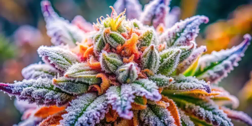 Frost-covered Mochi Gelato Weed Strain flower with vibrant purple, green, and orange colors, highlighting detailed trichomes under natural light