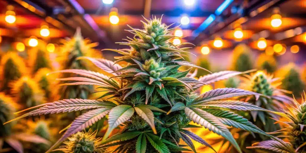 Northern Lights #10 x Amnesia Haze plant growing under warm lights in an indoor greenhouse