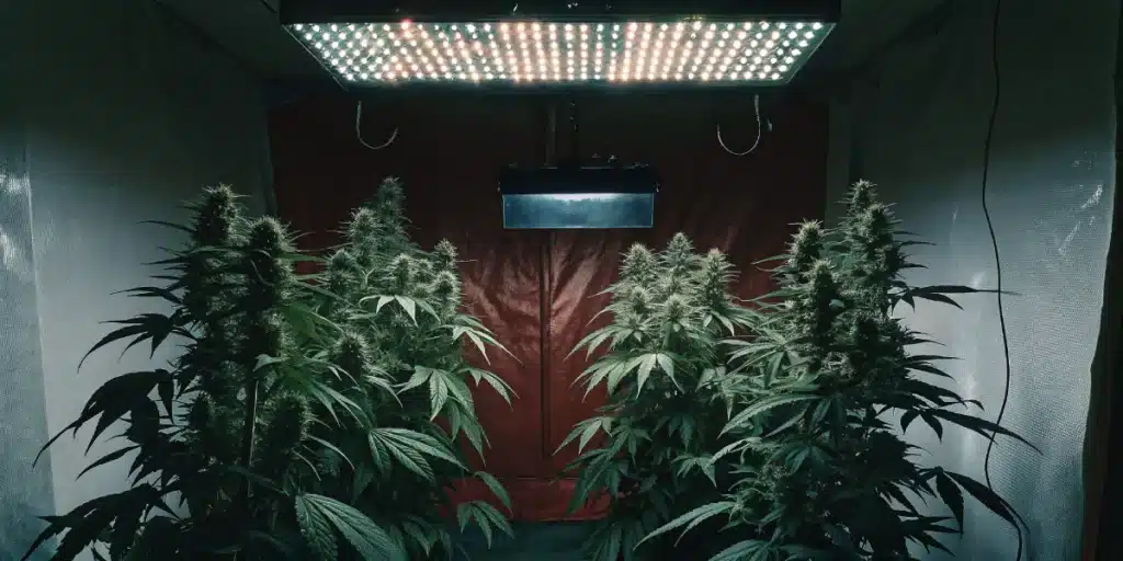 Tall cannabis plants of Panama Weed Strain illuminated by LED lights in a grow tent setup