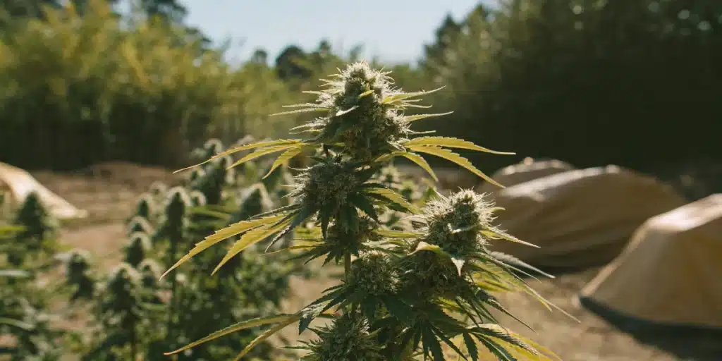 Wedding Cake Regular Strain plant with large, resin-coated buds thriving outdoors under direct sunlight