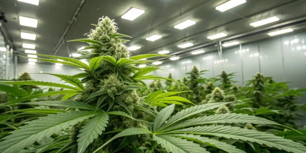 White Fire OG plant under indoor grow lights, featuring large, fully developed buds covered in white trichomes with wide green leaves