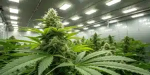 White Fire OG plant under indoor grow lights, featuring large, fully developed buds covered in white trichomes with wide green leaves