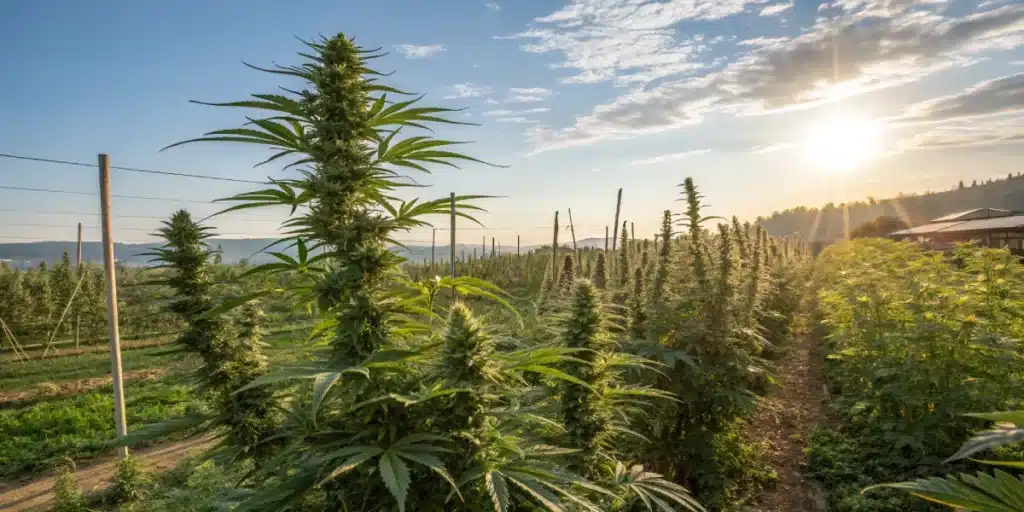 Large White Fire OG cannabis plants growing outdoors under a bright sky, with tall, dense colas stretching towards the sun