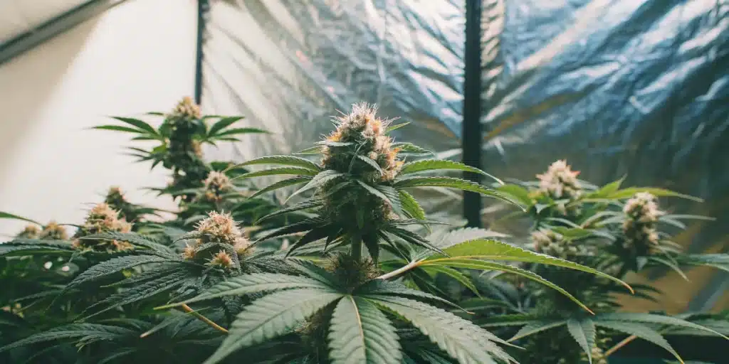 Healthy Strawberry Cheese Auto Strain plants with tall, resin-rich buds in an indoor grow tent