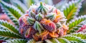 Close-up of a frosty, colorful Mochi Gelato Weed Strain bud with orange, green, and purple hues, covered in sparkling trichomes