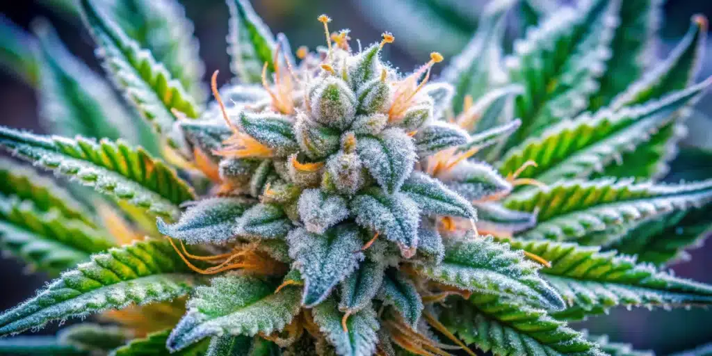 Close-up of a Northern Lights #10 x Amnesia Haze bud with orange pistils and crystal-coated trichomes