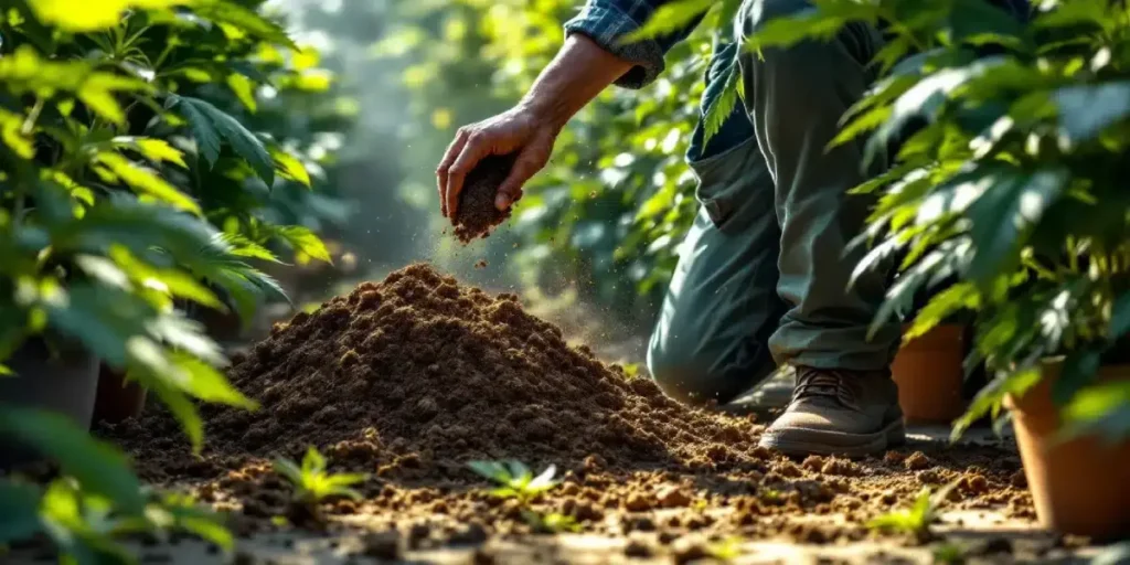 Gardener hand-mixing soil in an outdoor cannabis field between rows of plants.