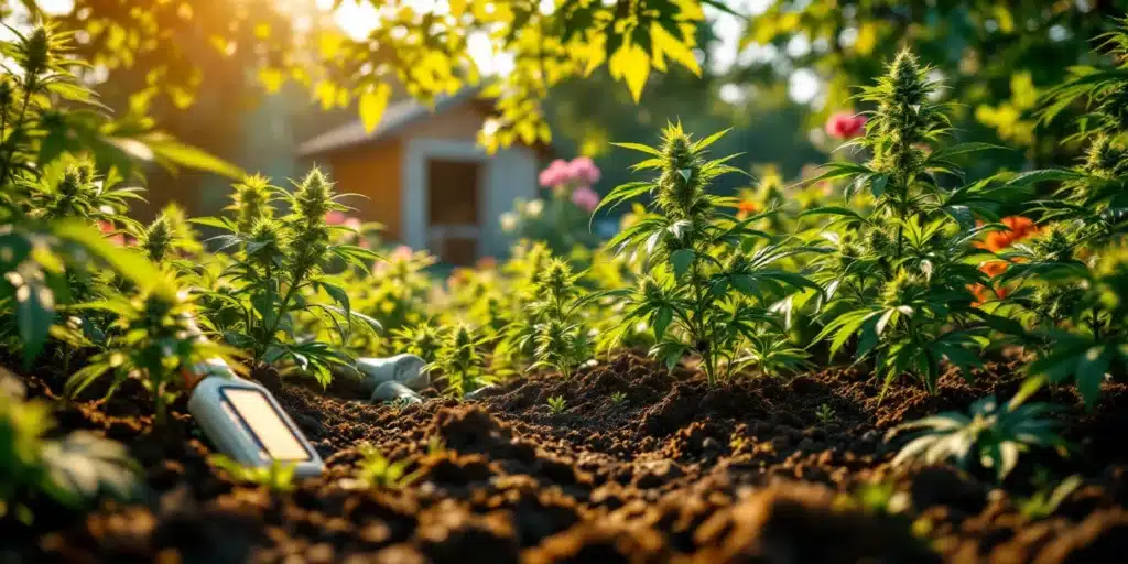 Lush cannabis plants in organic soil enriched with humic acid, growing under sunlight.