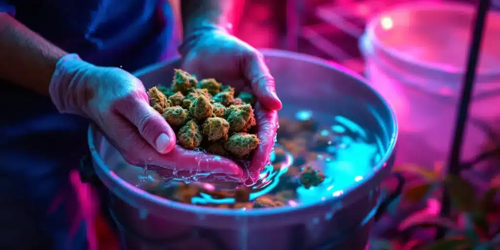Hands washing cannabis buds in a solution under controlled lighting.