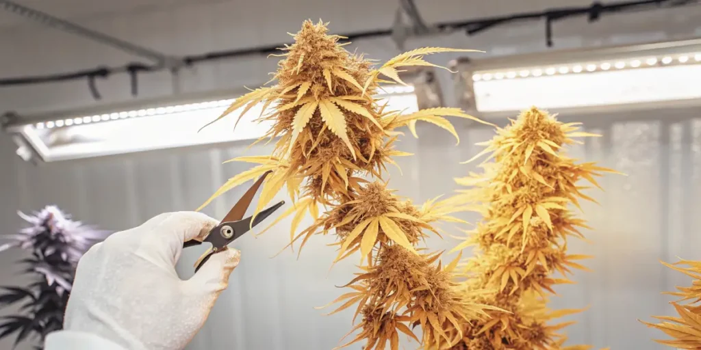 Gloved hand using scissors to harvest a golden-hued cannabis plant under grow lights in an indoor setting.
