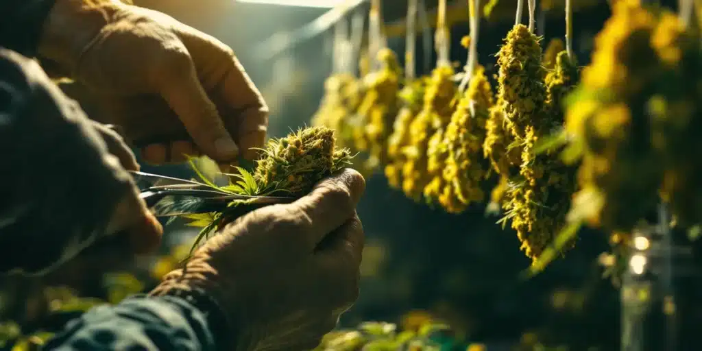 Close-up of hands trimming medical cannabis buds with drying flowers in the background.
