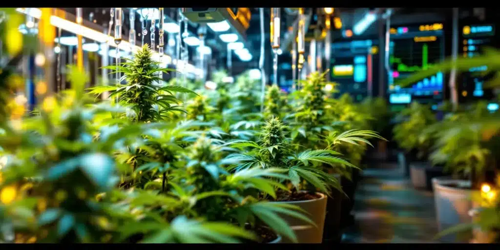 Indoor cannabis grow room with an advanced auto watering system and digital monitoring.