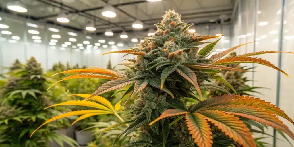 A mature Alien Rock Candy plant in an indoor grow room, featuring vibrant red-tinged leaves and large resin-coated buds