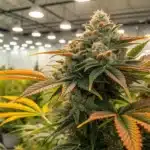 A mature Alien Rock Candy plant in an indoor grow room, featuring vibrant red-tinged leaves and large resin-coated buds