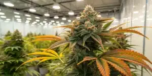 A mature Alien Rock Candy plant in an indoor grow room, featuring vibrant red-tinged leaves and large resin-coated buds