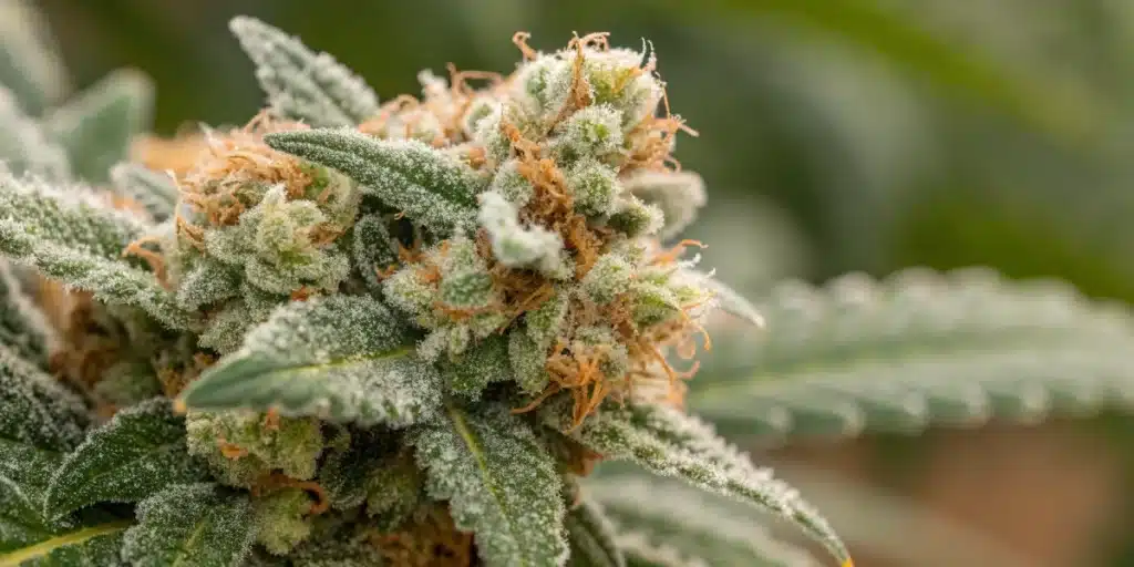 Dense Amnesia Haze cannabis buds covered in trichomes, highlighted by vibrant orange pistils and broad green leaves