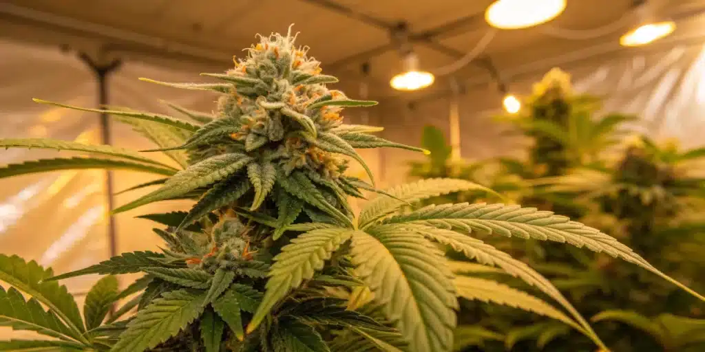 Close-up of an Amnesia Lemon Fast Version plant under warm indoor grow lights, showcasing resin-covered buds with orange pistils