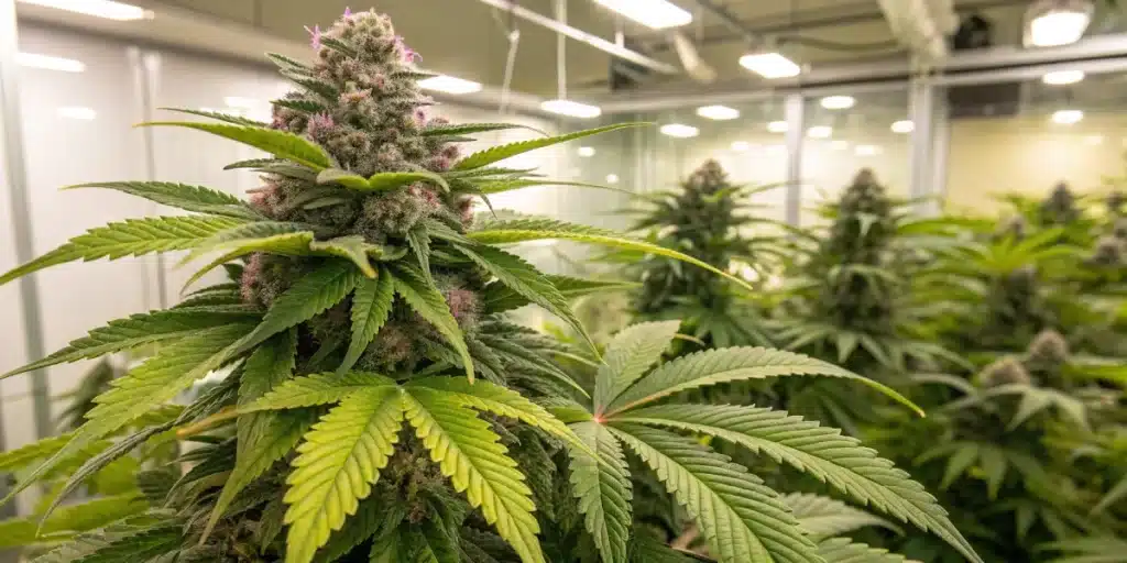 Close-up of a fully developed Auto Yumbolt Banana cannabis plant in an indoor grow room, featuring purple-tinged buds and dense green leaves