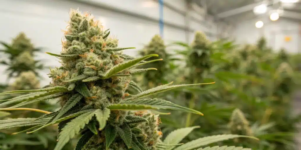 A dense BC Diesel Weed Strain bud covered in frosty trichomes, surrounded by large green leaves, growing under soft overhead lighting