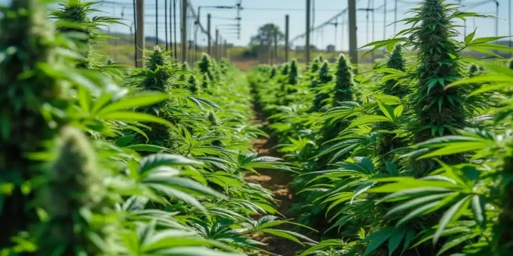 Rows of mature cannabis plants growing in an outdoor field, with tall Dosi Cake colas surrounded by lush green foliage under a clear sky