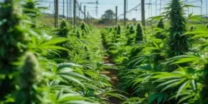 Rows of mature cannabis plants growing in an outdoor field, with tall Dosi Cake colas surrounded by lush green foliage under a clear sky