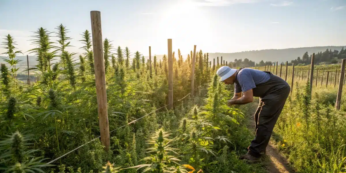 Farmer inspecting tall Haze Autoflower CBD plants in an outdoor field during sunrise, surrounded by vibrant green cannabis plants.
