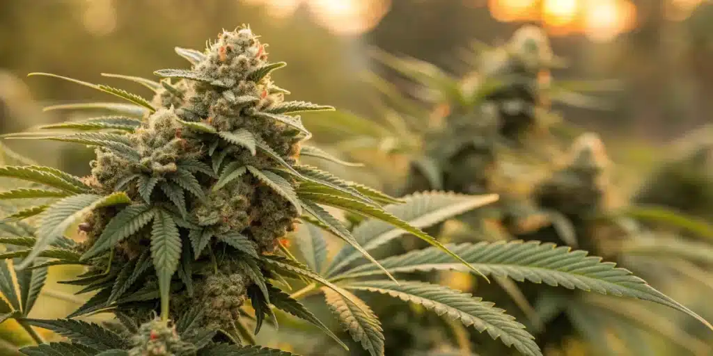 Lush green leaves surround a dense, resin-coated Lemon Haze Autoflower CBD flower with vibrant orange pistils, captured in natural outdoor ligh