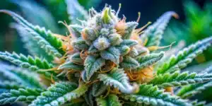 Frosty trichomes and green leaves with resin-covered edges on a Northern Lights #10 x Amnesia Haze bud