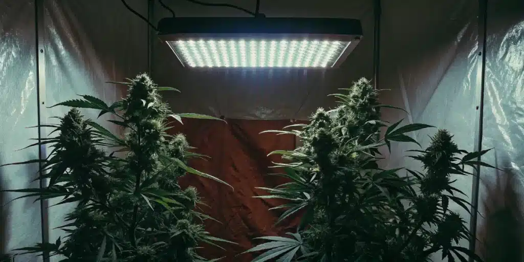 Indoor cannabis plants of Panama Weed Strain under bright LED grow lights in a controlled environment