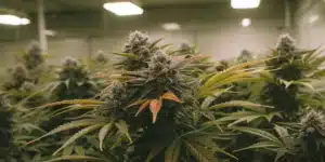 Indoor Wedding Cake Regular Strain plants with dense, frosty buds and vibrant leaves growing under controlled lighting