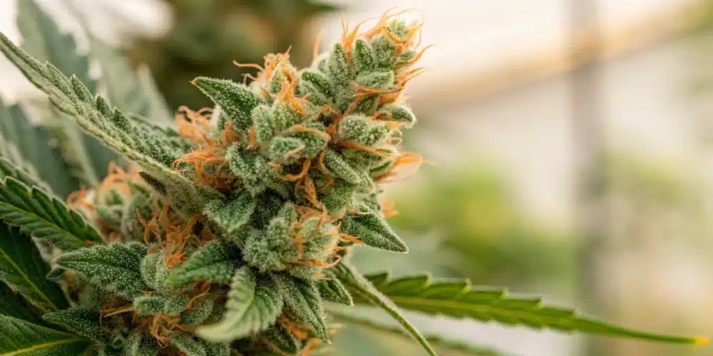 Close-up of a frosty White Fire OG cannabis bud, highlighted by thick trichomes and vibrant orange pistils in a greenhouse setting