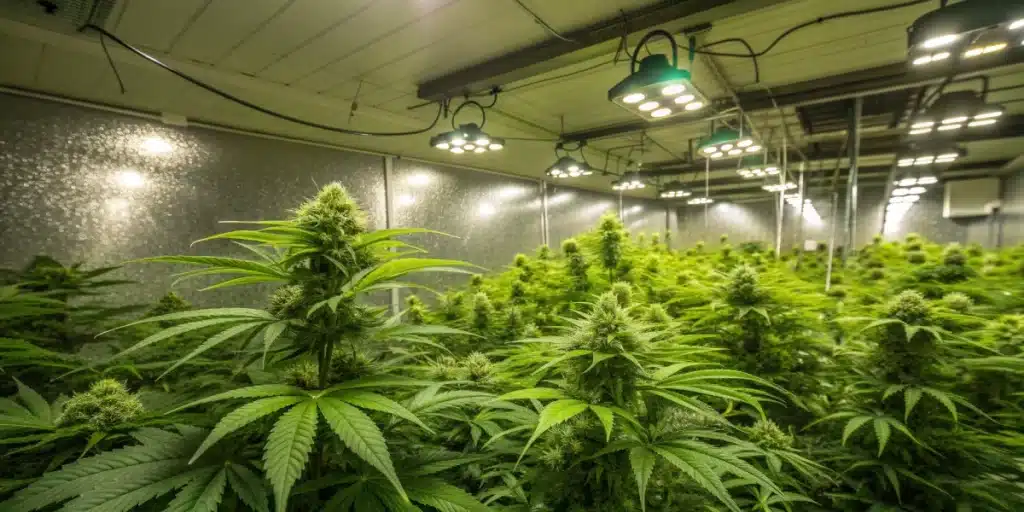 Dense White Widow Northern Lights Strain plants thriving under bright LED grow lights in a spacious, controlled indoor environment