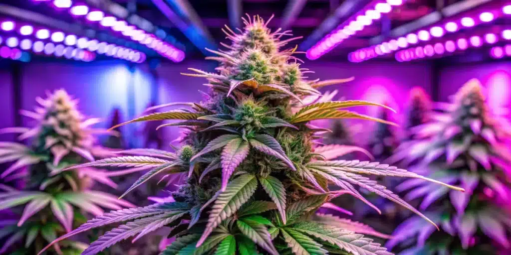 Mature Mochi Gelato Weed Strain plant with large, dense buds growing under bright purple LED lights in an indoor cultivation setup