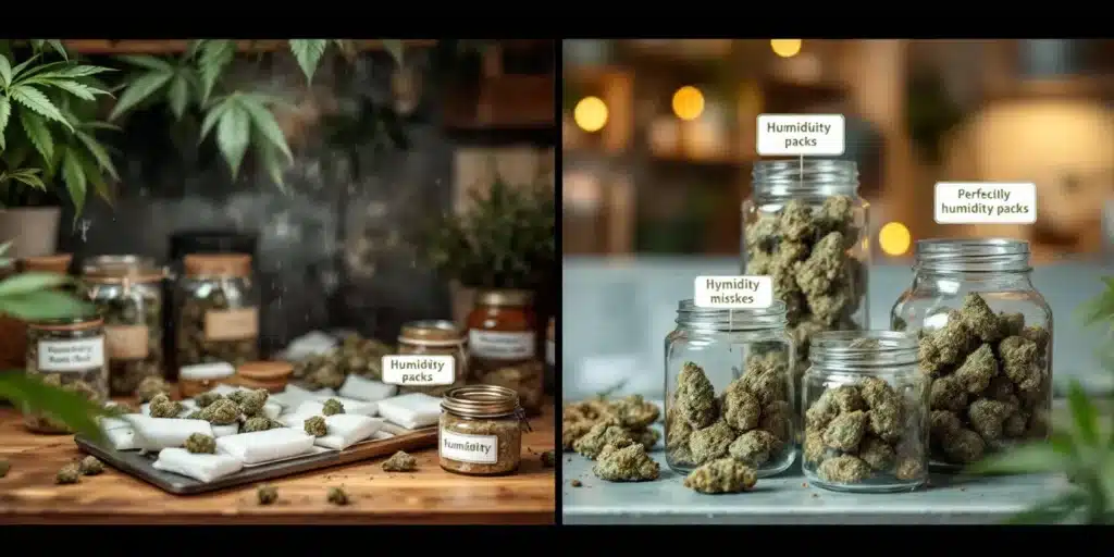 Side-by-side comparison of cannabis buds stored with and without humidity packs.