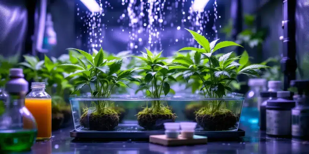 Autoflower cannabis plants growing hydroponically with nutrient misting.