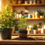 Autoflower cannabis plants growing indoors in organic soil under LED lights.